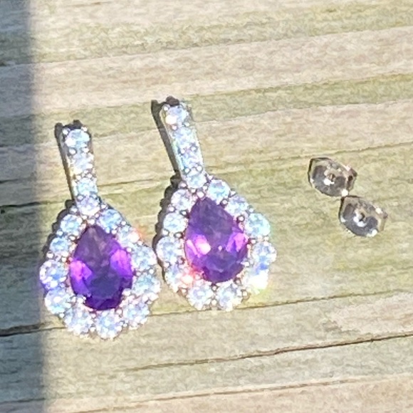 Amethyst .925 Sterling Silver earrings surrounded with white Cz - Picture 7 of 9